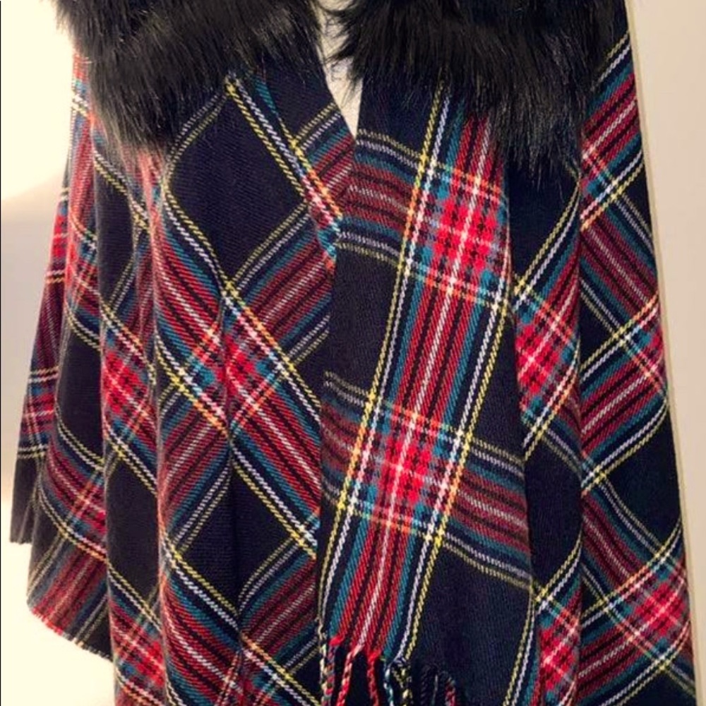 J. Crew faux fur collar plaid tartan cape.